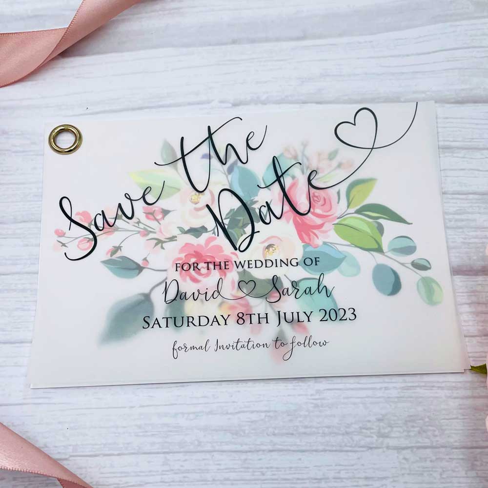 Phoebe Save The Date - Vellum Modern Pink Floral Design With Eyelet