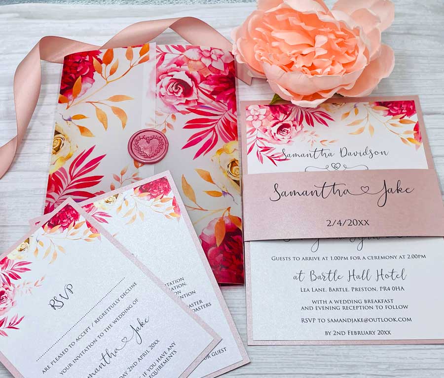 Ruby Wedding Invitation - Modern Pink Magenta Floral Vellum Design with a Wax Seal
