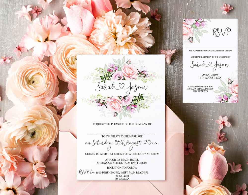 Beautiful Blush Pink Floral Wedding Invitation Design