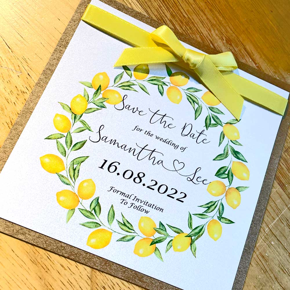 Save The Date Wedding Stationery - Citrus Lemon & Green Design