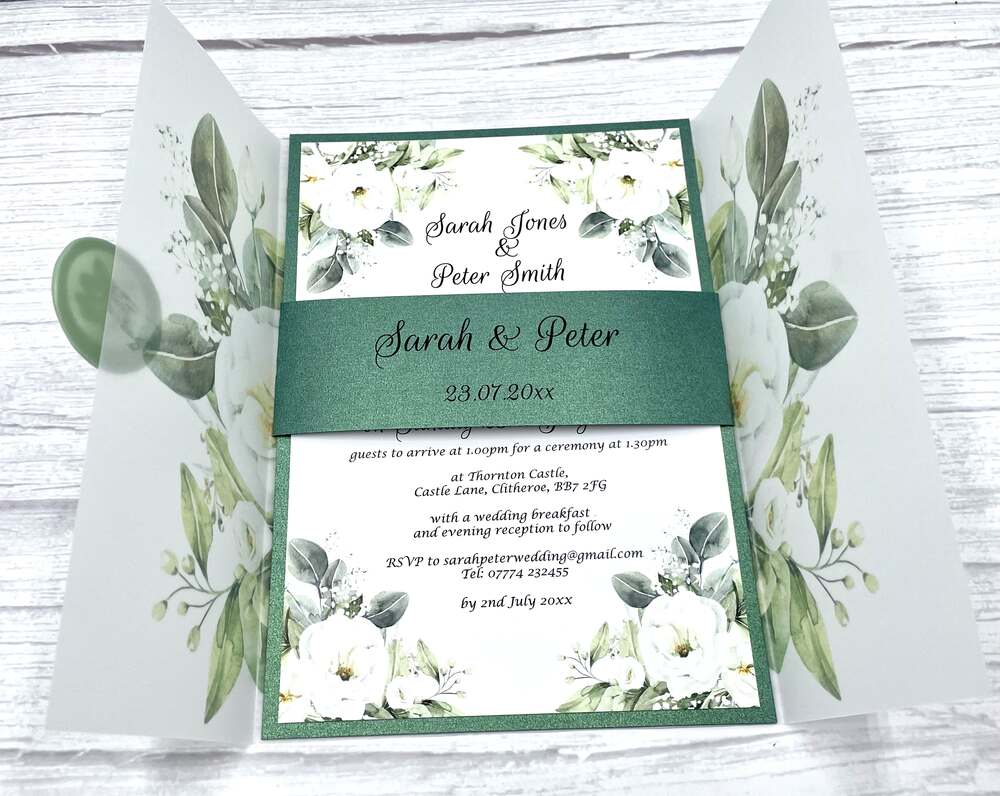 Jasmine floral vellum sage green wedding invitation